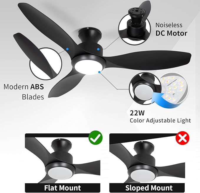 48" Ceiling Fan with Light and Remote, Black Flush Mount Ceiling Fan with 3 Blades,3 Color Dimmable Lights, 6 Speeds, Queit DC Motor, Memory Function, Indoor/Outdoor/Bedroom/Living Room/Patios, Black