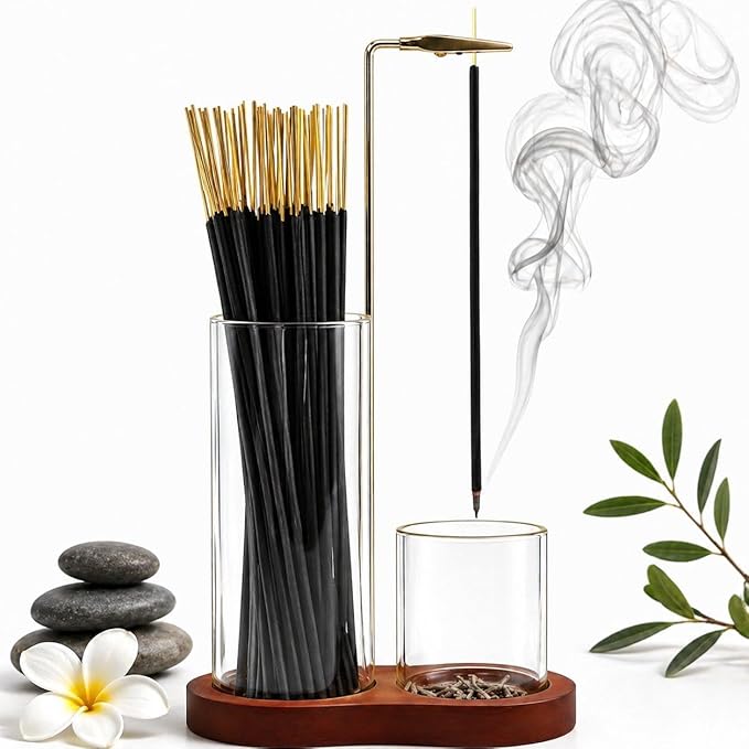 Modern Incense Burner with Ash Catcher, Hanging Incense Stick Holder Stand, Glass & Wooden Base Incense Holder for Home Meditation Decor (Brown)