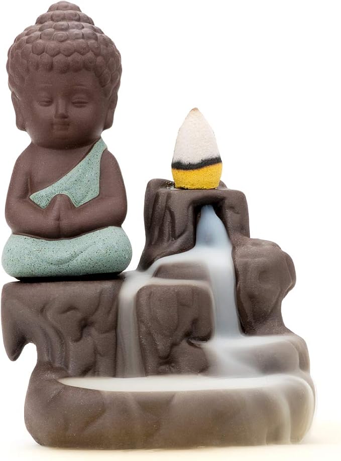 Incense Burner Smoke Waterfall Backflow Holder Ceramics Porcelain Buddha Little Monk Tower Cones Sticks Ash Catcher(Green)