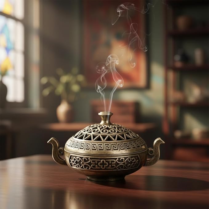 Nepalese-Style Bronze Incense Burner Stand with Geometric Patterns, All-Holiday Compatible Metal Holder for Meditation, Room Decor and Aromatherapy, Cultural Home Accessory