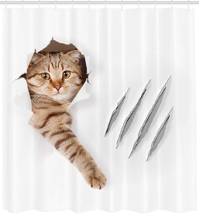 Ambesonne Animal Shower Curtain, Funny Cat in Hole with Claw Scratches Playful Kitten Pet Picture, Cloth Fabric Bathroom Decor Set with Hooks, 69" W x 84" L, White Brown