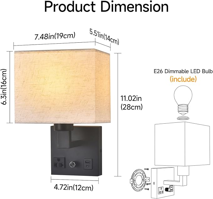 Bedside Wall Lamp for Bedroom, Plug in Wall Sconce - Dimmable Switch with AC Outlet & USB Charging Port, Fabric Shade, Black Wall Mounted Light for Living Room, Hotel