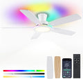 BYKISTOK Flush Mount RGB Ceiling Fan with RGB Light - 52In White Ceiling Fan Light with Reversible Mute Motor, 3CCT LED Dimmable, Low Profile Modern Ceiling Fans for Indoor, Party, Living Room