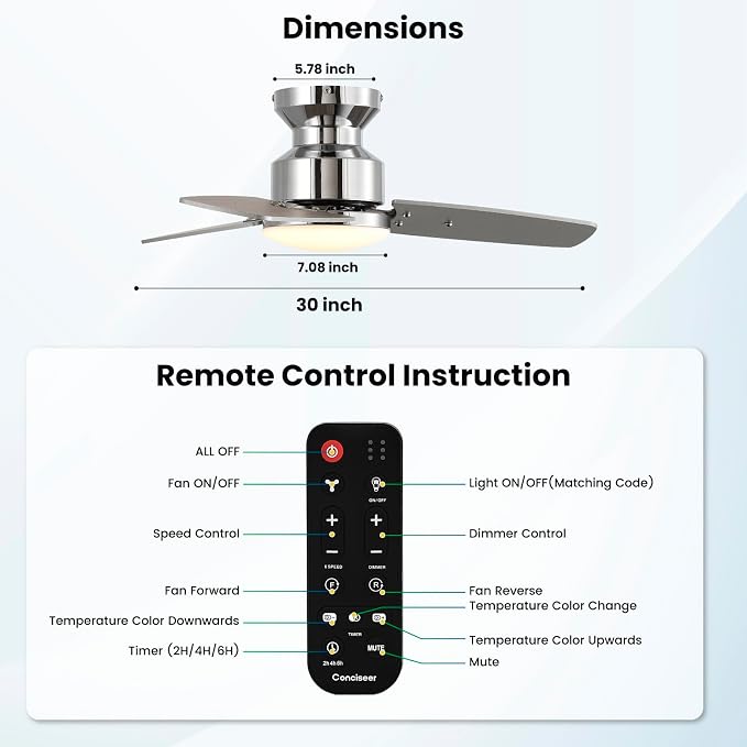 30 Inch Ceiling Fans with Lights and Remote, Bedroom Living Room Office, Flush Mount, 6CCT Dimmable, Dual Color 3 Blades 6 Speed Reversible Quiet DC Motor, Chrome-Plated/Wood Grain, 2 Pack