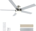 52 Inch Flush Mount Brushed Nickel Ceiling Fan with Light and Remote | 6-Speed Quiet Reversible DC Motor, Dimmable 3CCT LED, 3 Timing Settings, 5-Blade Modern Design, Indoor or Covered Outdoor Use