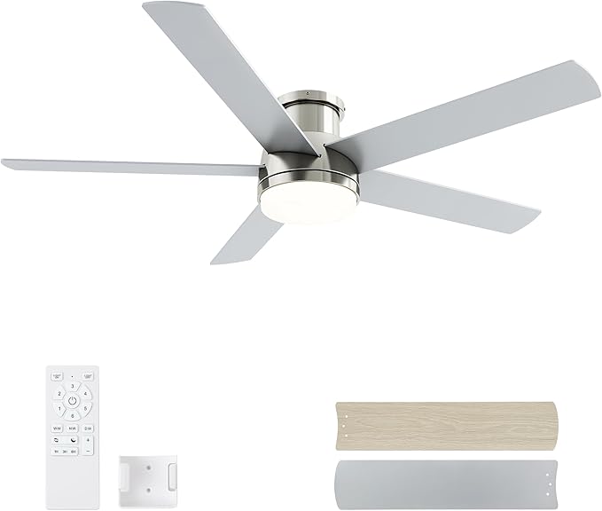 52 Inch Flush Mount Brushed Nickel Ceiling Fan with Light and Remote | 6-Speed Quiet Reversible DC Motor, Dimmable 3CCT LED, 3 Timing Settings, 5-Blade Modern Design, Indoor or Covered Outdoor Use