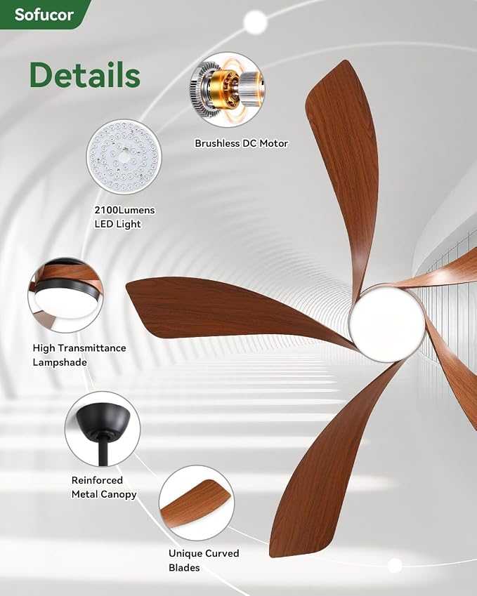 Sofucor 52" Smart Ceiling Fan, Indoor/Outdoor Ceiling Fans with Lights and Remote, Compatible with Alexa/Google/App, 3-Color Light 6-Speed Timing Reversible DC Motor for Bedroom Living Room Patio