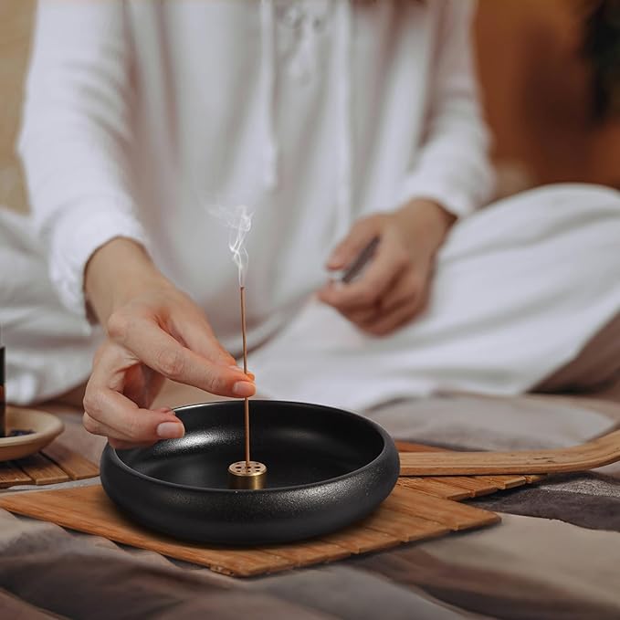 Incense Holder for Sticks, Sage, Coil Incense, Incense Stick Holder 5.71" for Yoga Meditation Energy Cleansing, Ceramic Incense Burner Holder with 9 Holes, Ash Catcher, Smudge Bowl (Black)
