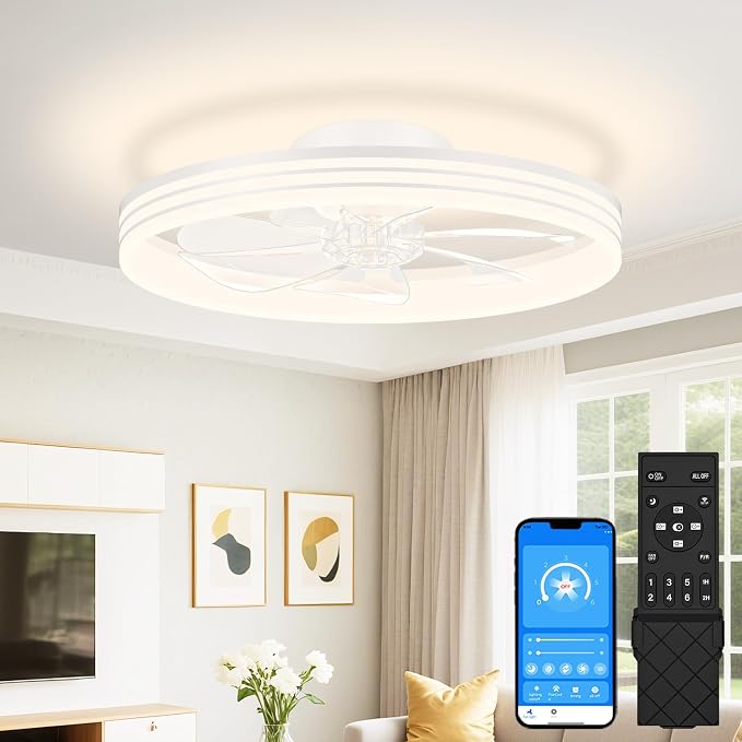 VOLISUN Low Profile Ceiling Fans with Lights and Remote, No Assembly, 20in Flush Mount Ceiling Fan with Light, 3000K-6500K Dimmable Fandelier LED Fan Light, Black Bladeless Ceiling Fans for Bedroom