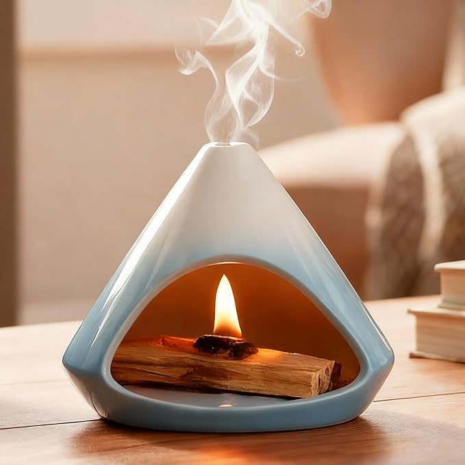 Ceramic Sage Smudging Holder, Pyramid Design Incense Burner with Smoke Outlet, 4.7 x 4.5 x 0.39 Inch, Black and White Glazed Finish (Blue)