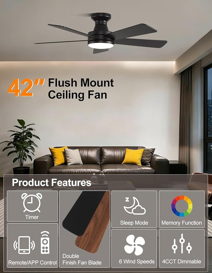 42" RGB Ceiling Fan with Light, App & Remote Controlled Flush Mount Ceiling Fan, Music Sync Lighting, 6-Speed Quiet Reversible DC Motor, 4CCT Dimmable for Bedroom Living Room, Black