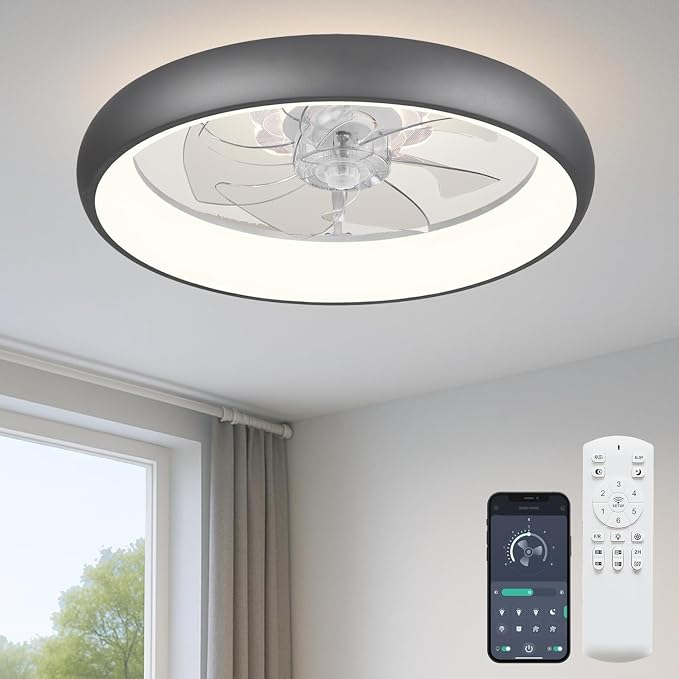Fszdorj 20'' Ceiling Fan with Light, Upgraded Low Profile Ceiling Fan with Light, Dimmable Flush Mount Ceiling Fan with Light, Fan light, 6 Speeds, App & Remote Control, Quiet Fan for Bedroom, Kitchen