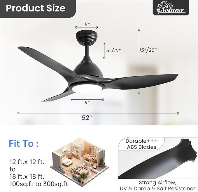 Sofucor 52 Inch Outdoor Ceiling Fans with Lights, Modern Ceiling Fan with 3 Plastic Blade, Quiet, Dimmable, High 7000CFM 6-Speed 3-Timer Reversible DC Motor, for Bedroom Living Room, ETL, Black