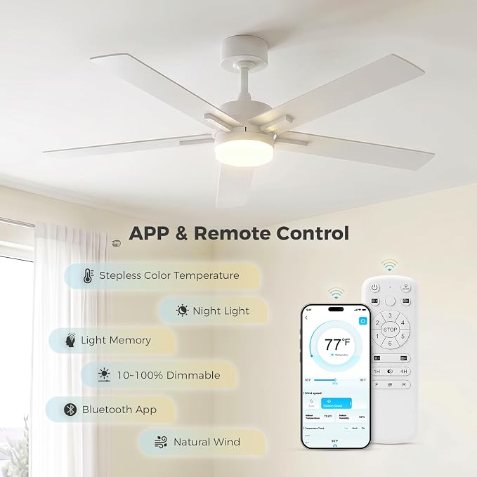 Obabala Ceiling Fan with Light 52 Inch, DC Motor Ceiling Fan with Remote and APP Control, Dimmable LED Color Changing, Reversible Quiet Fan for Bedroom Living Room Indoor Outdoor, Modern