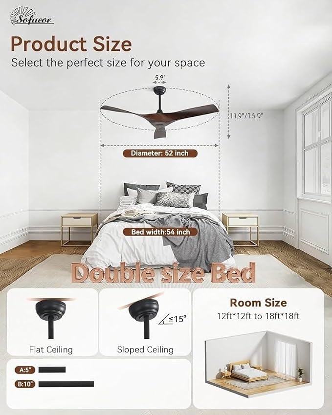 Sofucor 52 Inch Smart Ceiling Fan No Light, Modern Ceiling Fan with 3 Plastic Blades, Compatible with Alexa/Google/App, 6 Speeds 4500CFM, Timer Quiet Reversible DC Motor, ETL/FCC