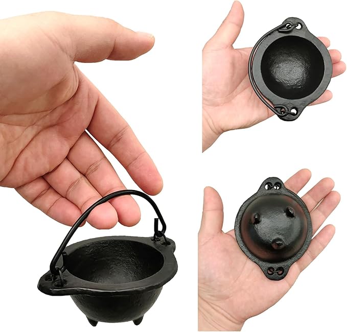 Cast Iron Incense Burner with Travelling Case, 3 Inch Cauldron with Handle and Stick Holder for Smudging, Ritual, Candle, Vintage Home Decor