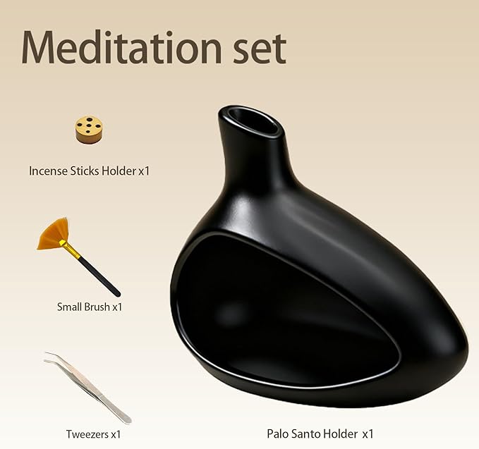 Palo Santo Holder, Ceramic Incense Burner for Sticks Sage Holders Cone Burning Smudge Bowl with Ash Brush for Meditation Yoga Spa Room Decor (Black)