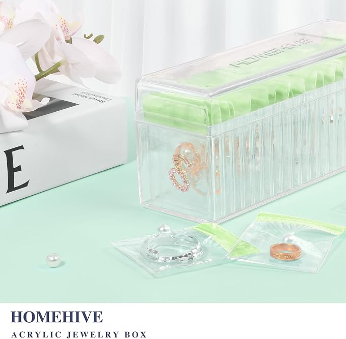HOMEHIVE Acrylic Jewelry Box Organizer, Clear Jewelry Organizer Holder with 20 Portable Anti Tarnish Jewelry bags, Travel Jewelry Case for Earrings/Rings/Necklaces for Women Girls, Green