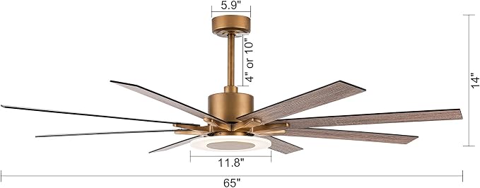 65" Vintage Black and Brushed Gold Ceiling Fan with Light, 6-Blade DC Motor, Reversible Quiet Fan with LED Module, Downrod Mount Large Ceiling Fan for Living Room Bedroom Patio