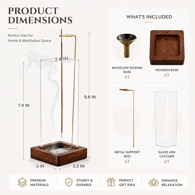 Glass Incense Holder, Hanging Incense Stick Burner with Ash Catcher, 2 in 1 Backflow Cone Holder on Wooden Base, Anti-Ash Zen Decor for Meditation, Yoga（Square）