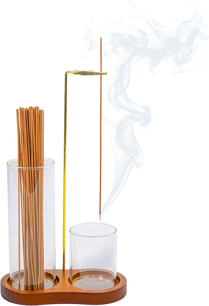 Modern 2-in-1 Incense Holder with Glass Ash Catcher, Featuring a Wood Tray, Metal Rod & 2 Glass Cups for Organized Burning. Perfect for a Clean Desk, Zen Meditation, Yoga and Home Decor