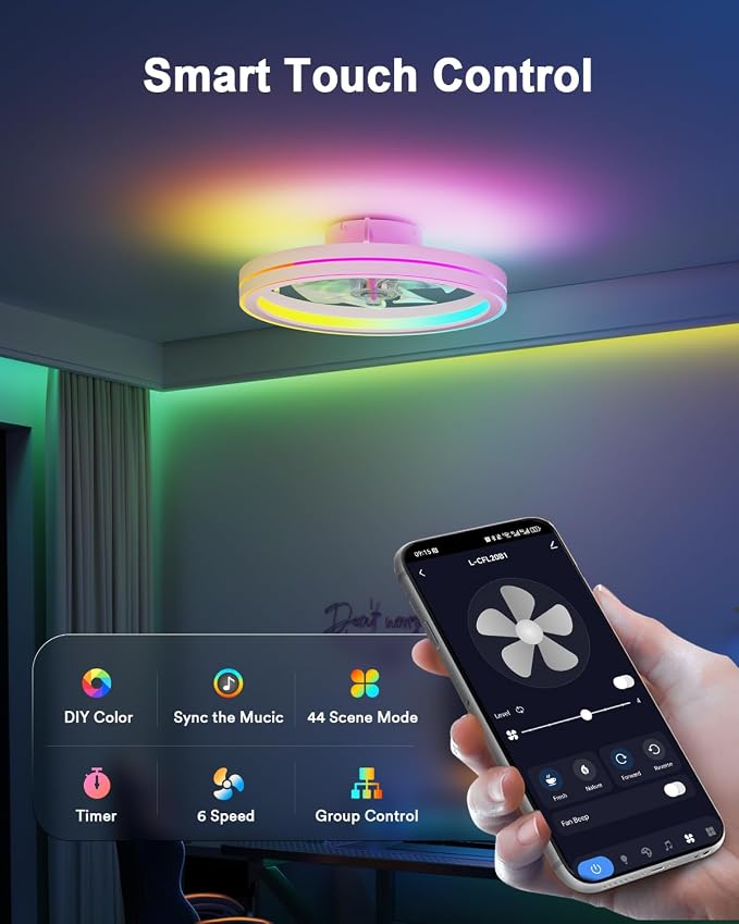 Lumary Smart Ceiling Fan Light with 2200K Nightlight, WiFi & Bluetooth Low Profile Ceiling Fan with Light Remote for Bedroom, RGBAI & 42 Scenes Mode, Flush Mount Easy to Install, 5000 LM, 19in White