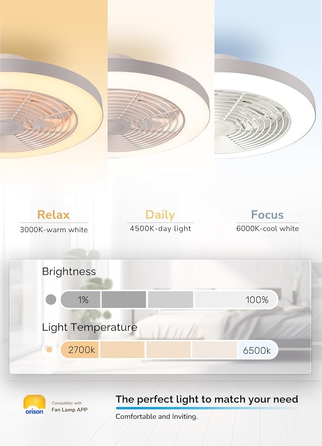 Orison Ceiling Fans with Lights, Low Profile Ceiling Fan with Lights and Remote, 6 Wind Speeds Smart Flush Mount Ceiling Fan for Bedroom, Kids Room and Living Room 19.7" (White)