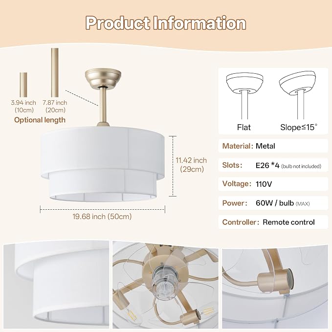 20" Boho Ceiling Fans with Lights, Fabric Fandelier Chandelier Ceiling Fan with Light Remote Control, Caged with 6 Speeds for Bedroom, Nursery(White)