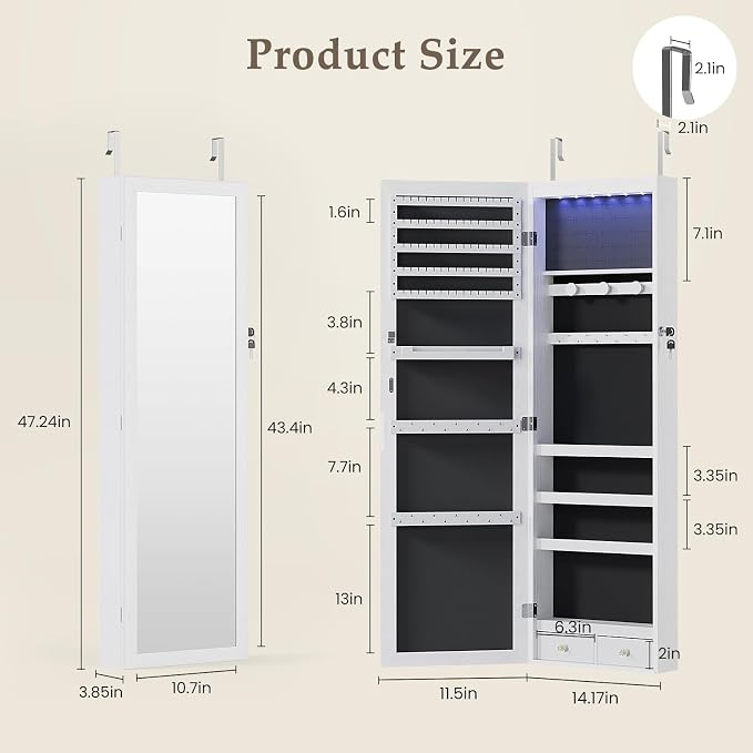 DUMOS 6 LEDs Mirror Jewelry Cabinet, Wall or Door Mounted Jewelry Organizer, 47.2-Inch Tall Lockable Large Capacity Cosmetic Storage, Gift Idea, White | Hanging Door or Wall Mounted Mirror, Lockable, Large Capacity Cosmetic Storage, 2 Drawers, Gift Ide...