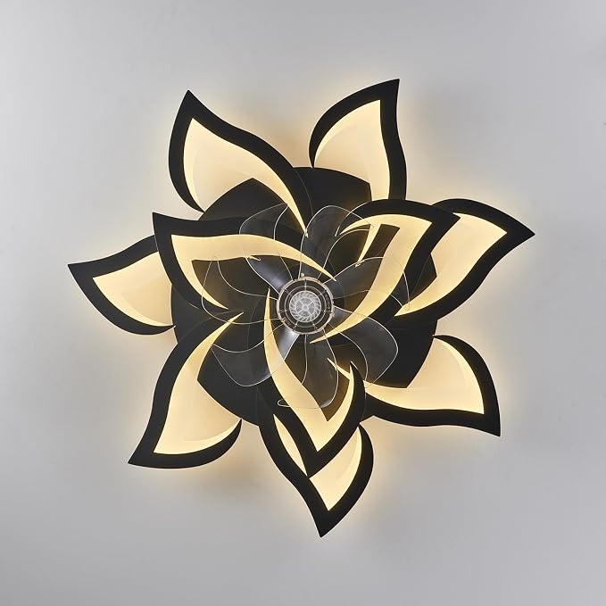 Dalouguan Modern Ceiling Fan with Lights Remote Control, 32" Black 6 Speeds 3 Light Color Low Profile Flush Mount Ceiling Fan for Kitchen Bedroom