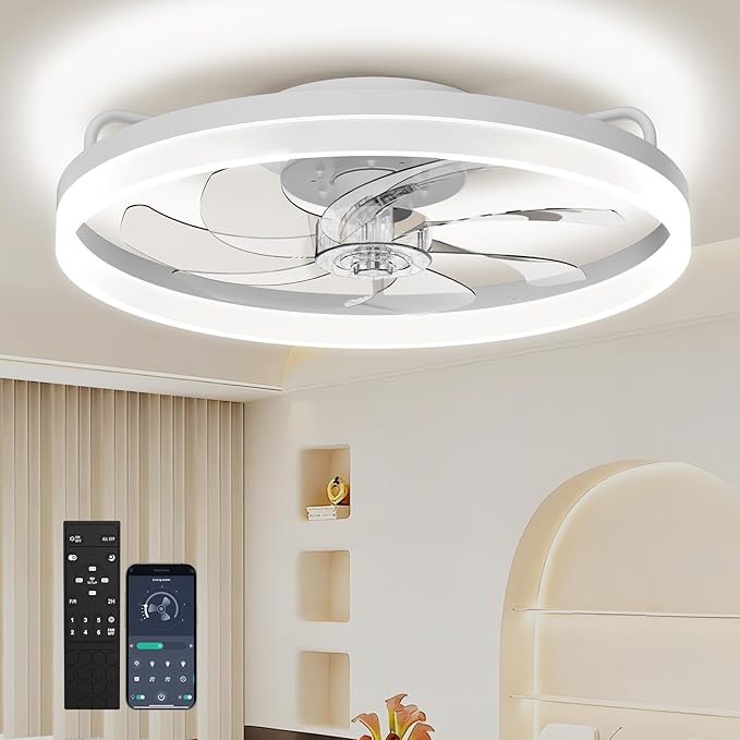 20 Inch Low Profile Ceiling Fans with Lights and Remote, White | Flush Mount 7-Blade Fandelier with App Control, 3CCT Dimmable, Quiet Reversible DC Motor, 6 Speeds Ceiling Fan for Bedroom