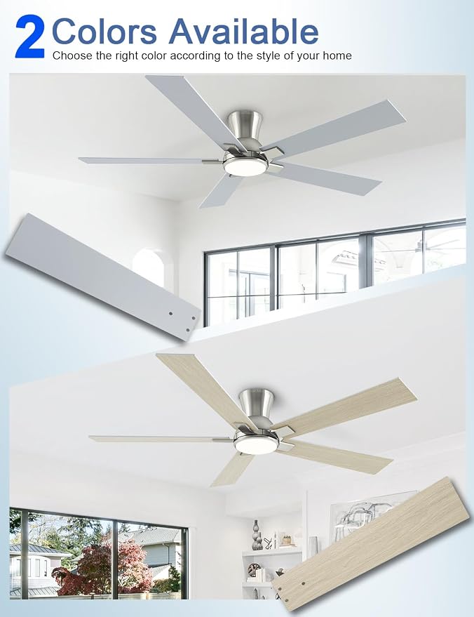 60 Inch Brushed Nickel Flush Mount Ceiling Fans with Lights, 3CCT Dimmable LED, 6-Speed Remote Control, Reversible Motor,Quiet Low Profile Energy-Efficient for Bedroom & Living Room,ETL Listed