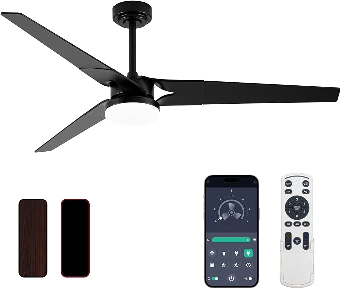 Ceiling Fan with Lights and Remote, 3 Blade App Control Timer Reversible Stepless Brightness and Color Temperature Outdoor Wood Ceiling Fan with Lights (Black, 60 I)