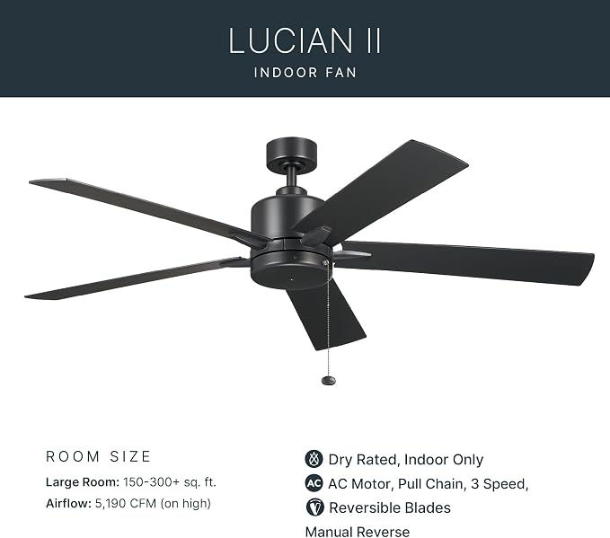 Kichler Lucian II 60 Modern Indoor Ceiling Fan with AC Motor, Pull Chain Control and Contemporary Design in Satin Black for Bedroom or Living Room, 330243SBK