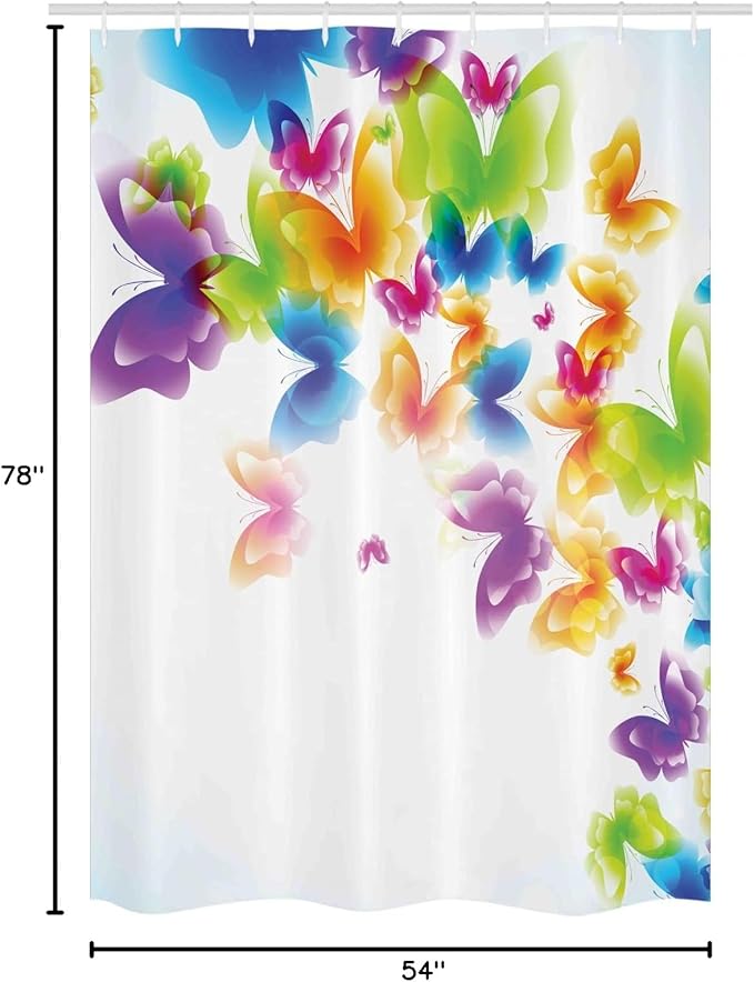 Ambesonne Butterfly Stall Shower Curtain, Group of Butterflies Band in Radiant Rainbow Colors Hope Summer Garden Art Print, Fabric Bathroom Decor Set with Hooks, 54" W x 78" L, Green Yellow