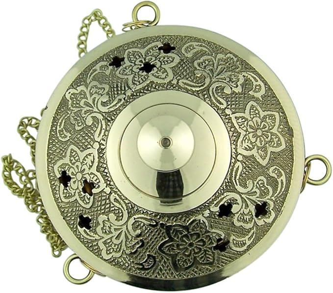Gold Plate Over Brass Conical Incense Holder, 3 1/2" Dia - 3" H with 9" Chain