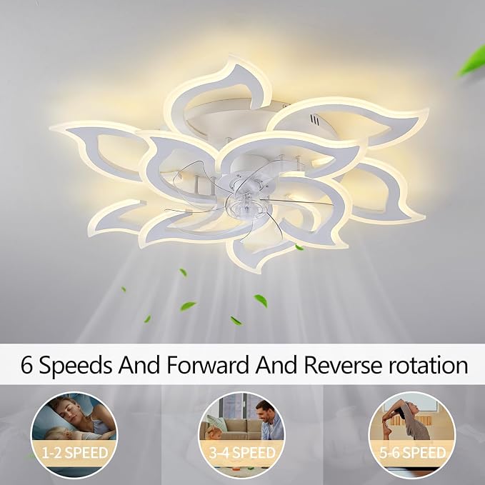 38" White Geometric Ceiling Fan with Light Remote Control, 3 Light Color 6 Speeds LED Flower Flush Mount Low Profile Ceiling Fan for Living Room
