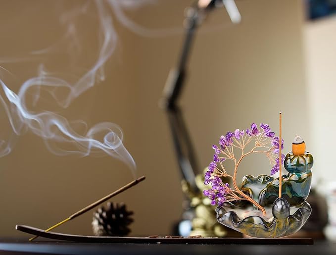 DUQGUHO Incense Holder Ceramic Backflow Incense Waterfall Burner Amethyst Crystal Tree with 30 Burner Incense Cones for Room Home Zen Decor Meditation