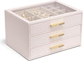 VLANDO 3-Drawer Jewelry Box with Glass Lid, Faux Leather Organizer for Rings Earrings Necklaces and More, Gift-Ready Jewelry Case for Women Girls or Moms, Pink Beige