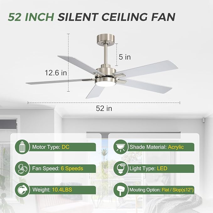 Ceiling Fans with LED Lights, 52 Inch 5-Blade Ceiling Fan Remote Control, Industrial Ceiling Fan with Reversible DC Motor, Downrod Mount LED Ceiling Light Chandelier for Bedroom (Satin Nickel)