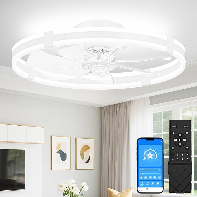 VOLISUN Ceiling Fans with Lights and Remote, 23.6in Low Profile Ceiling Fans with Light, 3000K-6500K Dimmable Fandelier Ceiling Fan, White Flush Mount Ceiling Fan for Bedroom