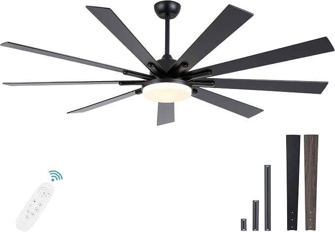 POCHFAN 72 Inch Ceiling Fans with Lights,Large Modern Ceiling fan with Remote and 9 Wooden Blades,Dimmable,6 Speeds,Noiseless Reversible Indoor&Outdoor Fan for Bedroom,Patio,Living Room