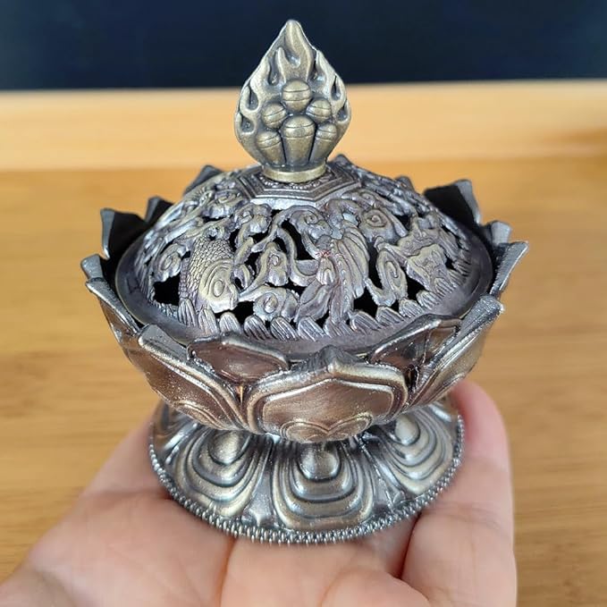Lotus Flower Cone Incense Burner, Classic Metal Mini Vintage Charcoal Incenses Burner Holder for Stick (Bronze)