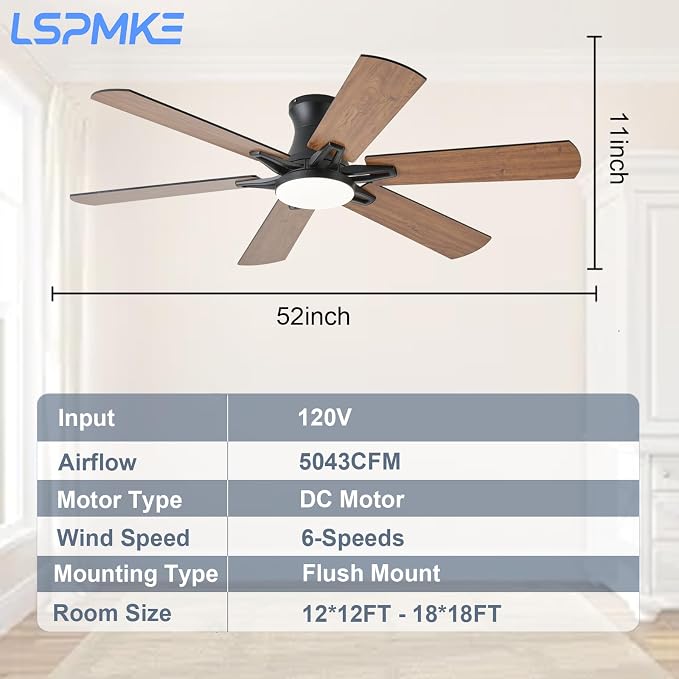 52 Inch Ceiling Fans with Lights, Low Profile Ceiling Fan with Light and Remote, Quite DC Motor,Flush Mount, 3CCT, Dimmable, Brown RGB Ceiling Fan for Bedroom, Living Room, Indoor/Outdoor Use