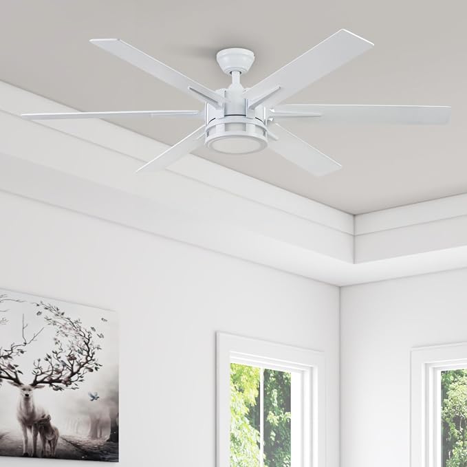 Honeywell Ceiling Fans Kaliza Modern 56 Inch Ceiling Fan with Light, Remote Control Fan, LED Indoor Fan with 6 Blades, Gray Wash and White Blade Finish Options, White (51477-01)