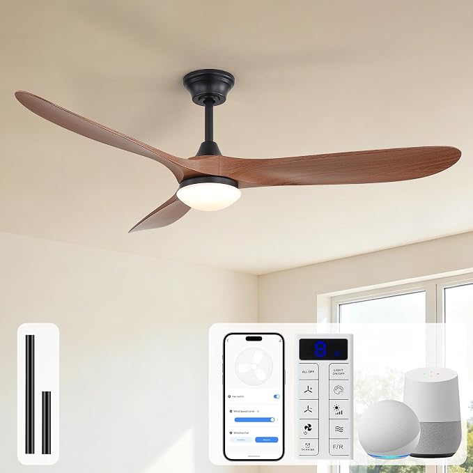 Sofucor 60 Inch Smart Ceiling Fans with Lights-Outdoor Modern Smart Ceiling Fan with Alexa/Google/APP/Remote Control, Reversible Quiet DC Motor, ABS Blade Ceiling Fan for Living Room/Farmhouse/Patios