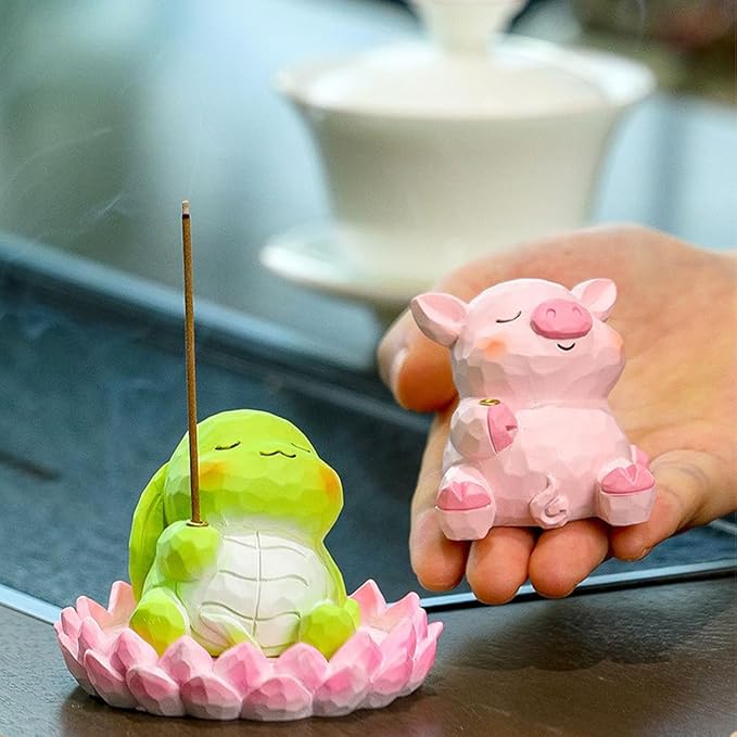 Lotus Incense Holder Pink Pig Cute Animal Figurine Incense Burner Flower Stand Ash Catcher Creative Cartoon Resin Siamese Cat Statue for Home Room Decor Meditation Yoga Spa