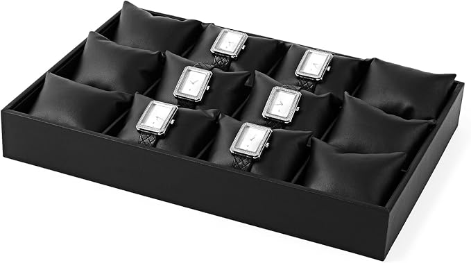Oirlv Black Leather Watch Organizer Tray for Desktop Display | Smooth leather surface, 13.78×9.45×1.97in, large capacity, ideal for watch storage, desktop display & jewelry showcase