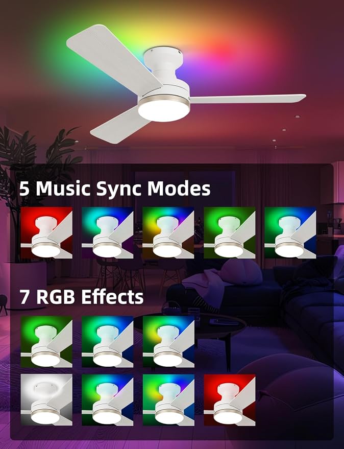 42 inch RGB Ceiling Fan with Light, Smart App & Remote Control Low Profile Flush Mount, Music Sync Lighting, 6-Speed Quiet Reversible DC Motor, 4CCT Dimmable for Home Office Party