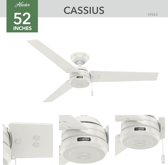 Hunter Cassius, Outdoor or Indoor, Ceiling Fan, 52 inch, Fresh White | No Light, Standard Mount, Pull Chain, 3 Blades, For Living Room, Patio, Porch, Garage, 59263